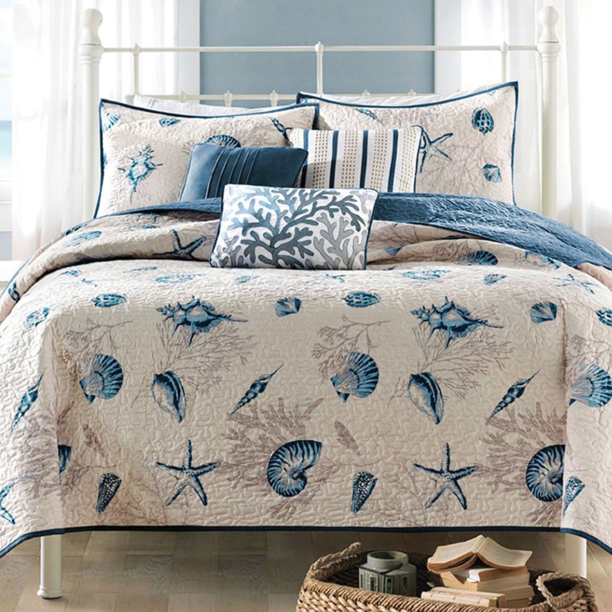 Coverlet Set with Quilted Stitching: Navy Blue Seashell Quilt