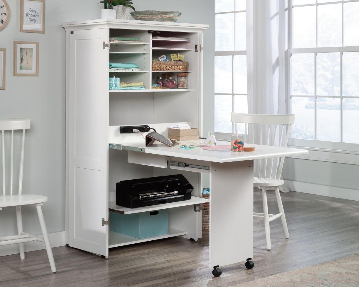 Craft Armoire Integrated Power Soft White Hideaway Desk