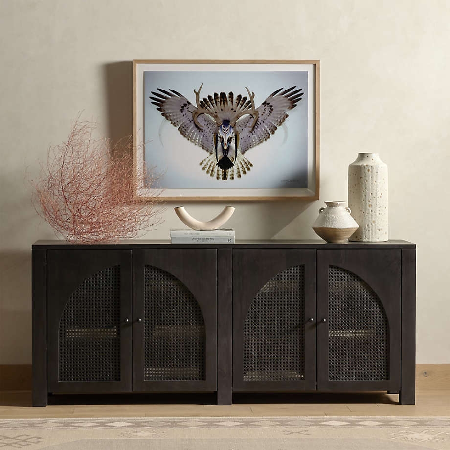 Credenza: Arched Mesh Doors Textured Wood Finish Sideboard