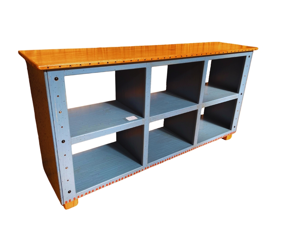 Credenza Bookshelf: Studded Blue Furniture and Scalloped Base