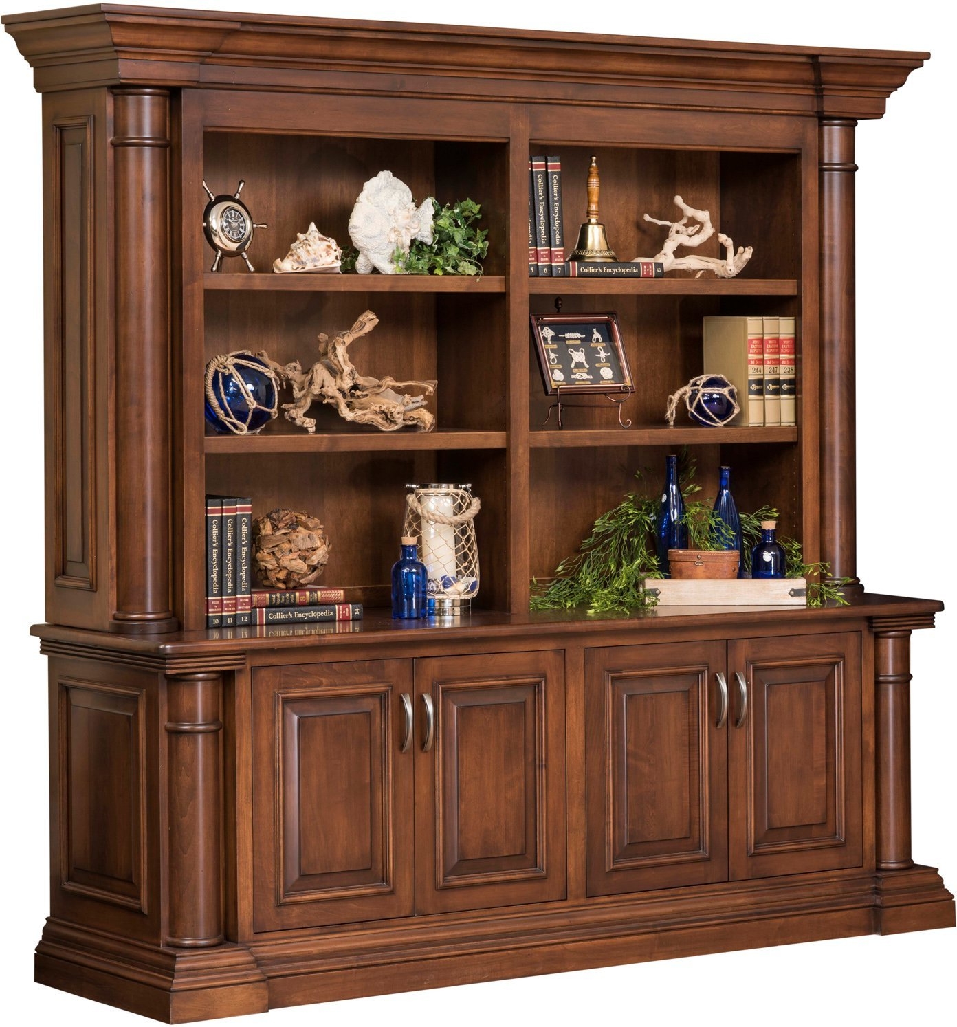 Credenza Hutch: Formal Wood Display Hutch with Fluted Columns
