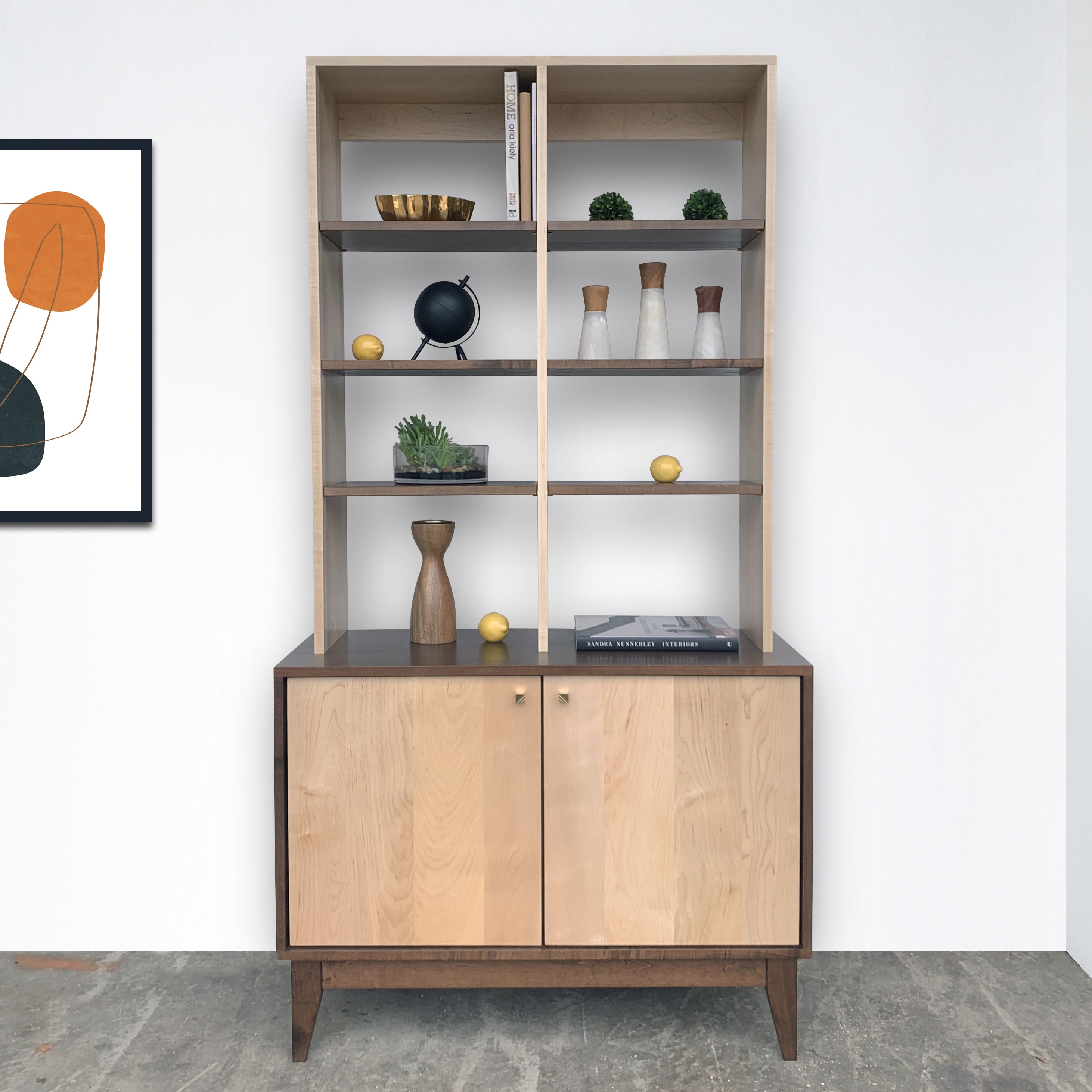 Credenza Hutch: Two-Tone Wood Display Bookcase Tapered Legs