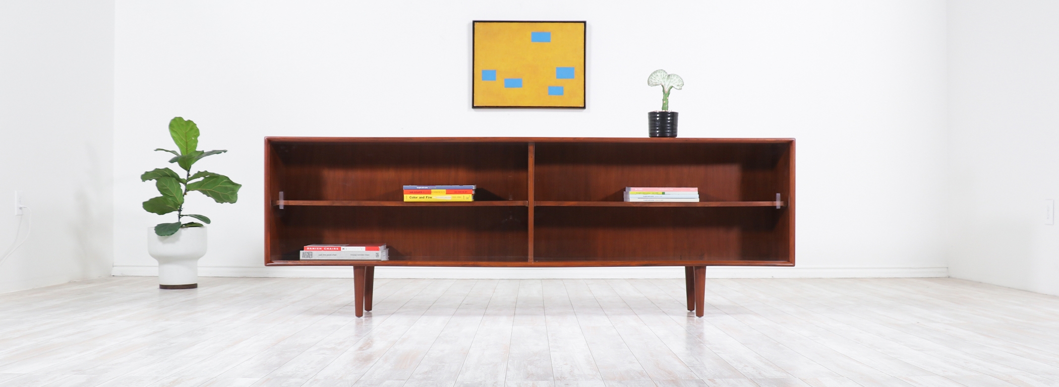 Credenza: Low Profile Shelving Unit with Tapered Wooden Legs