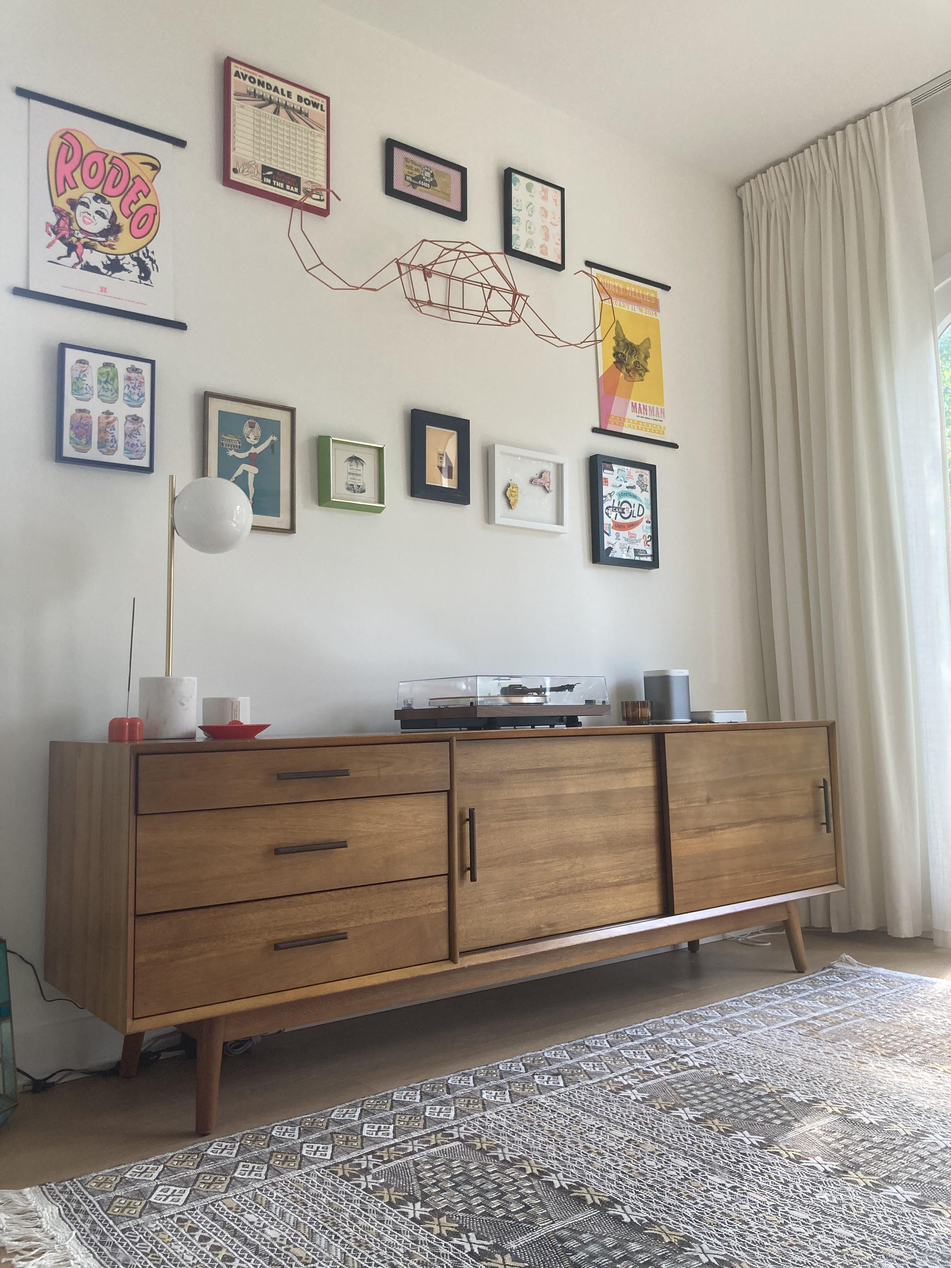 Credenza with Bar Pulls and Walnut Wood Credenza Setup