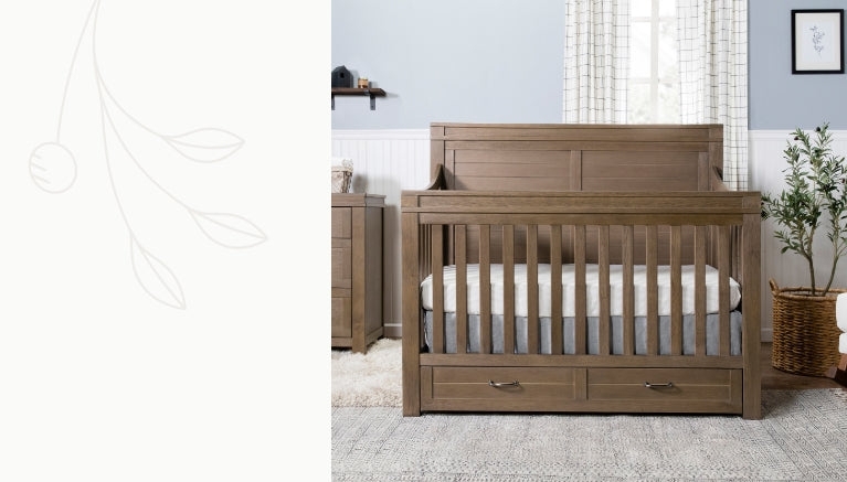 Crib with Base Drawers and Paneled Headboard, Warm Wood Tone