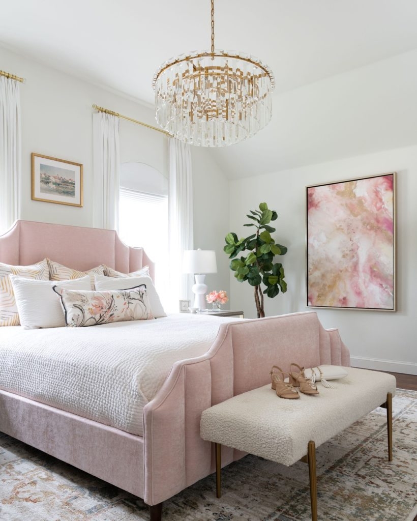 Crystal Chandelier Pink Velvet Feminine Master Suite Decor