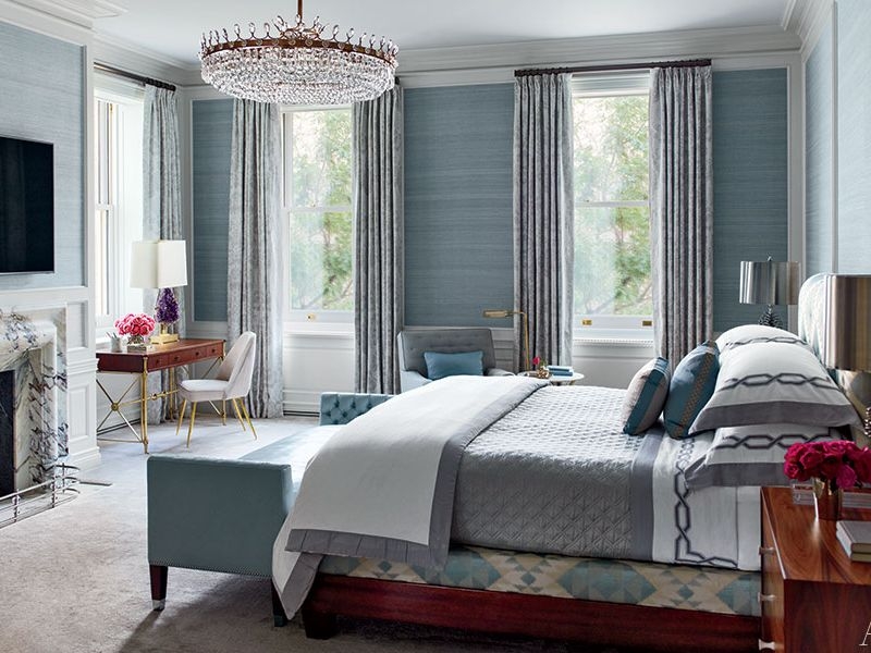 Crystal Chandelier Tiered Blue Grasscloth Bedroom Walls