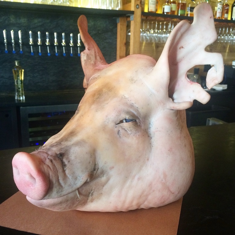 Culinary Animal Head with Slate Backsplash for Rustic Gastro Pub Bar