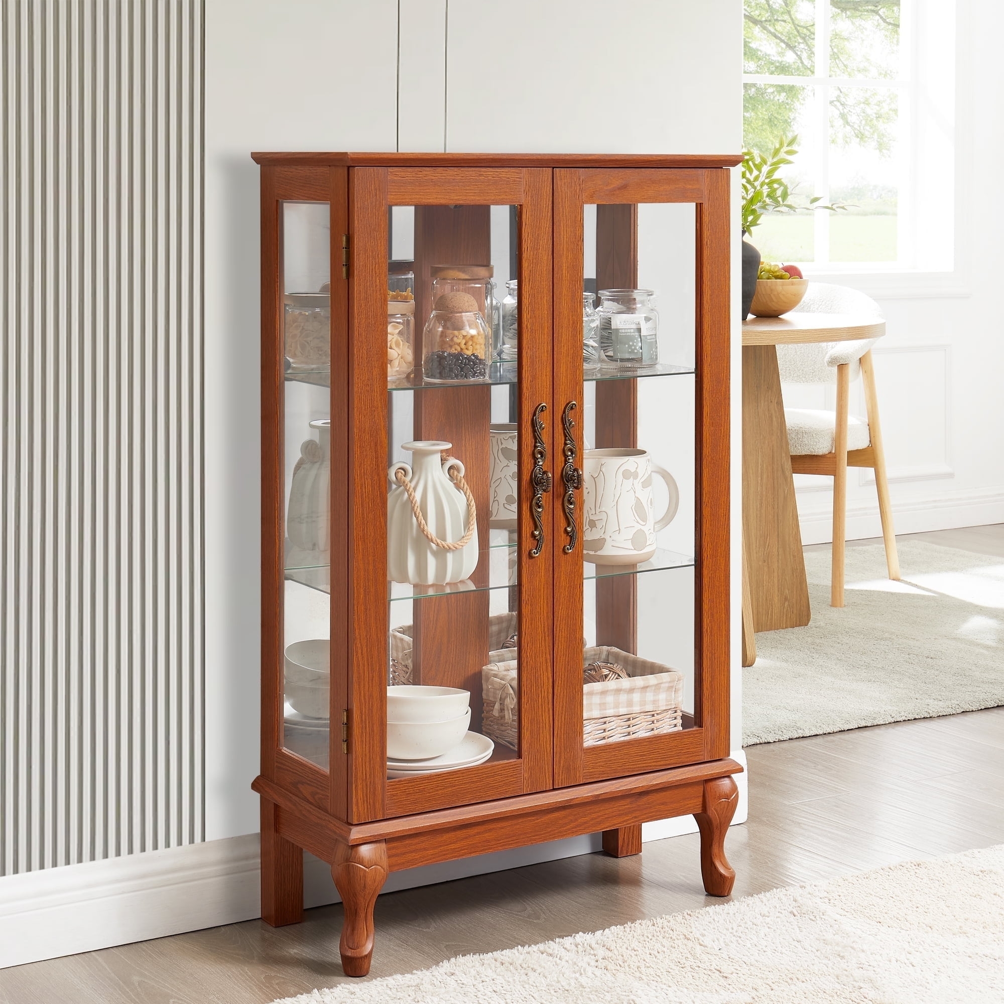 Curio Cabinet with Cabriole Legs and Ornate Metal Pulls