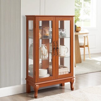 Curio Cabinet with Cabriole Legs and Ornate Metal Pulls