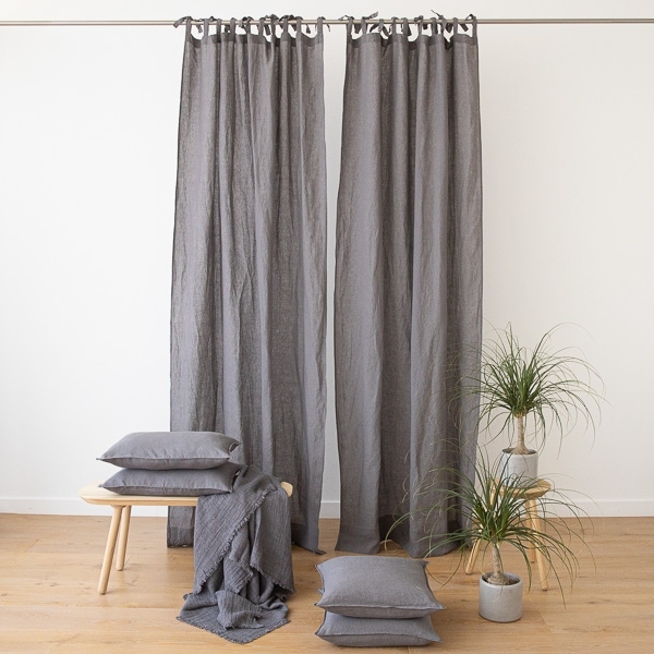 Curtain Panel Tie Top Header Steel Stone Washed Linen