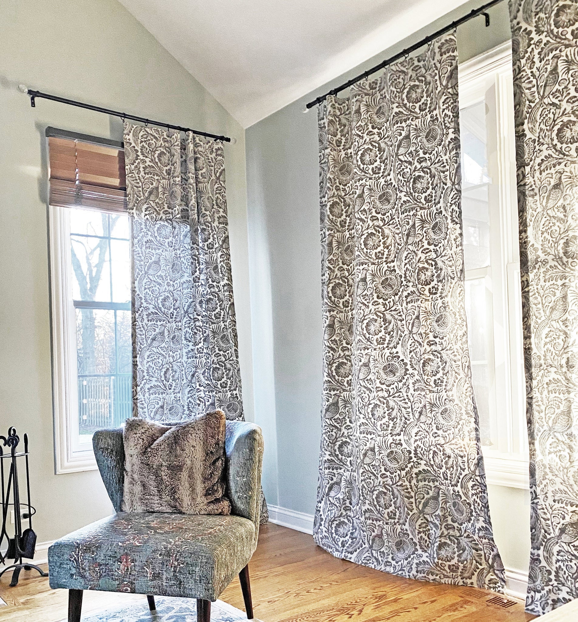 Curtain Panels Bird Botanical Print French Grey Shabby Chic