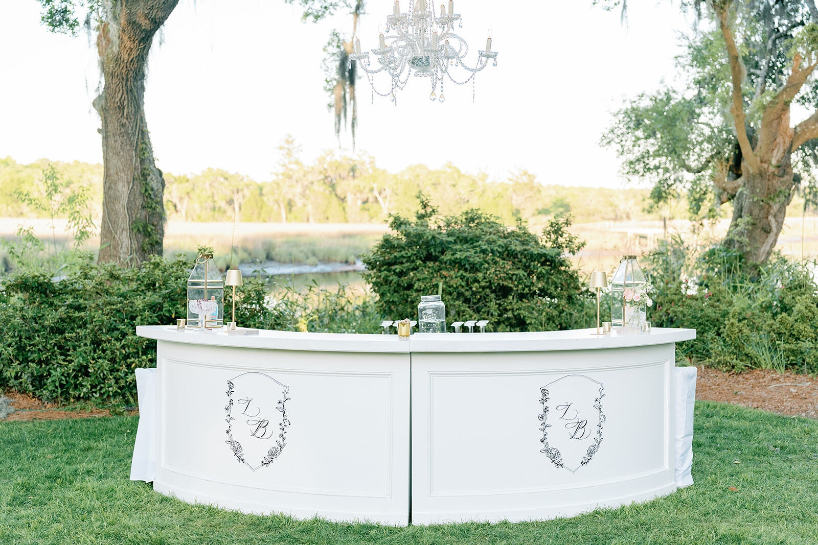 Curved Bar: Custom Monogram and White Paneling Decor