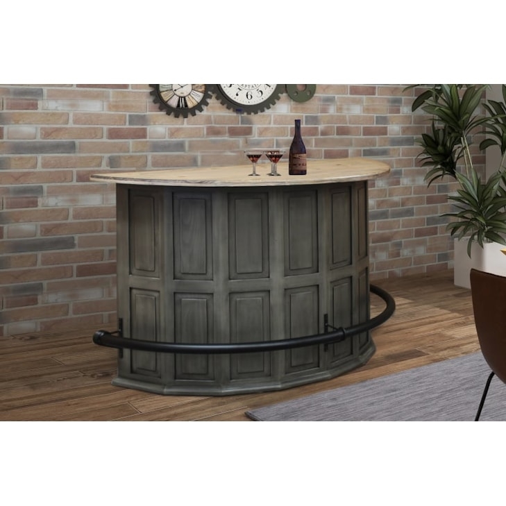 Curved Bar: Gray Wash Paneled Front with Iron Footrest