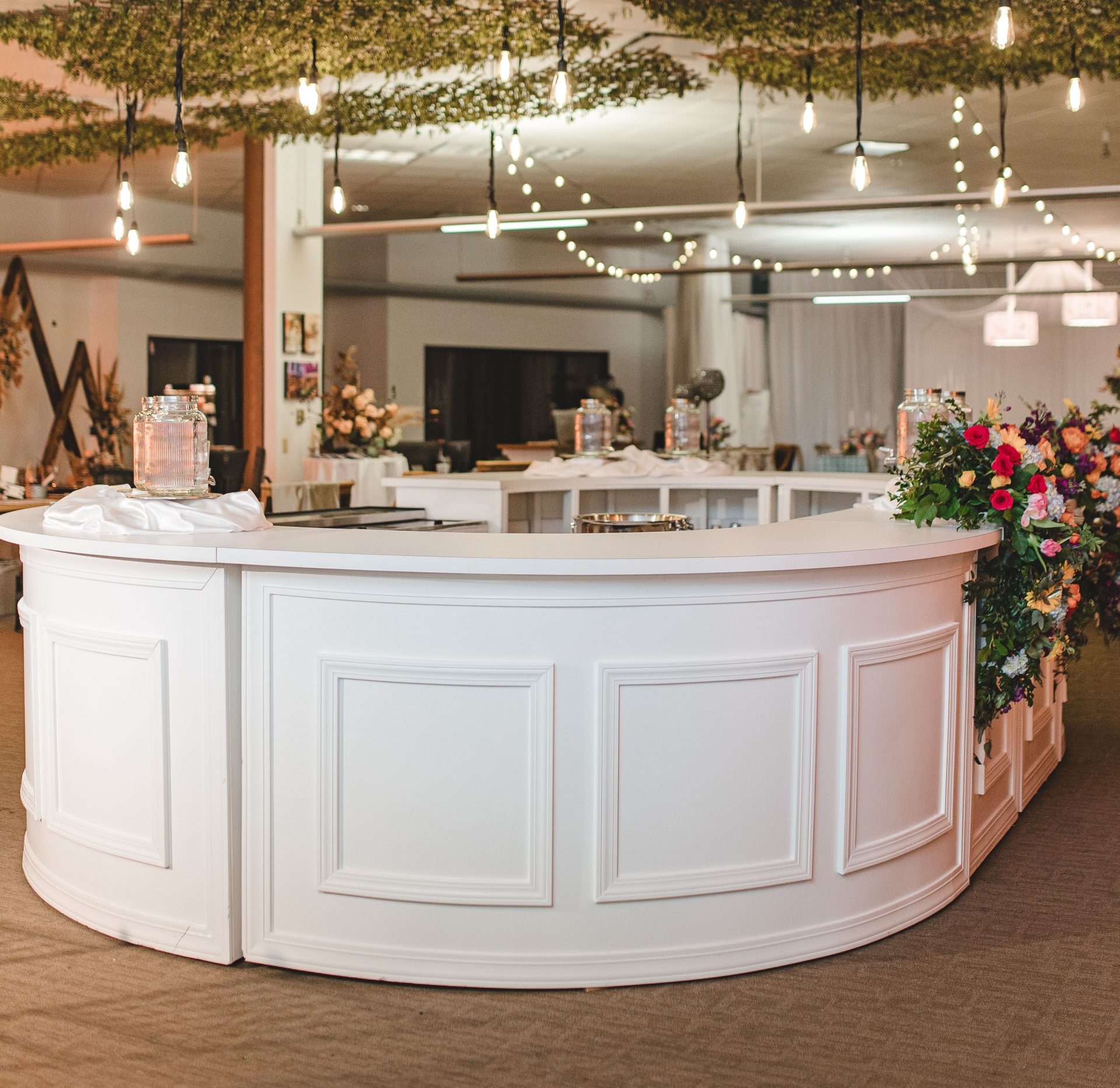Curved Bar: White Modular Design with Recessed Paneling