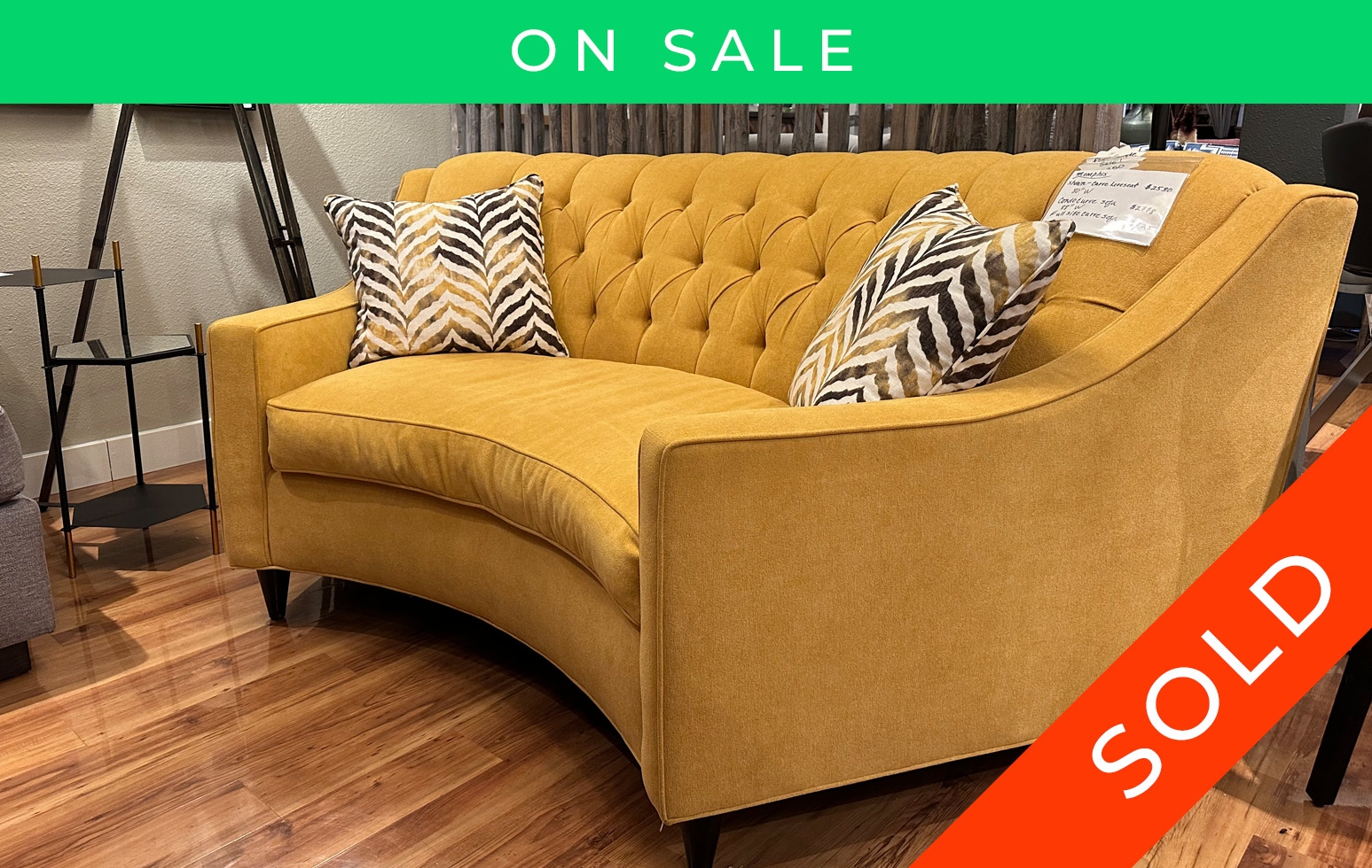 Curved Loveseat in Mustard Yellow with Diamond Button Tufting