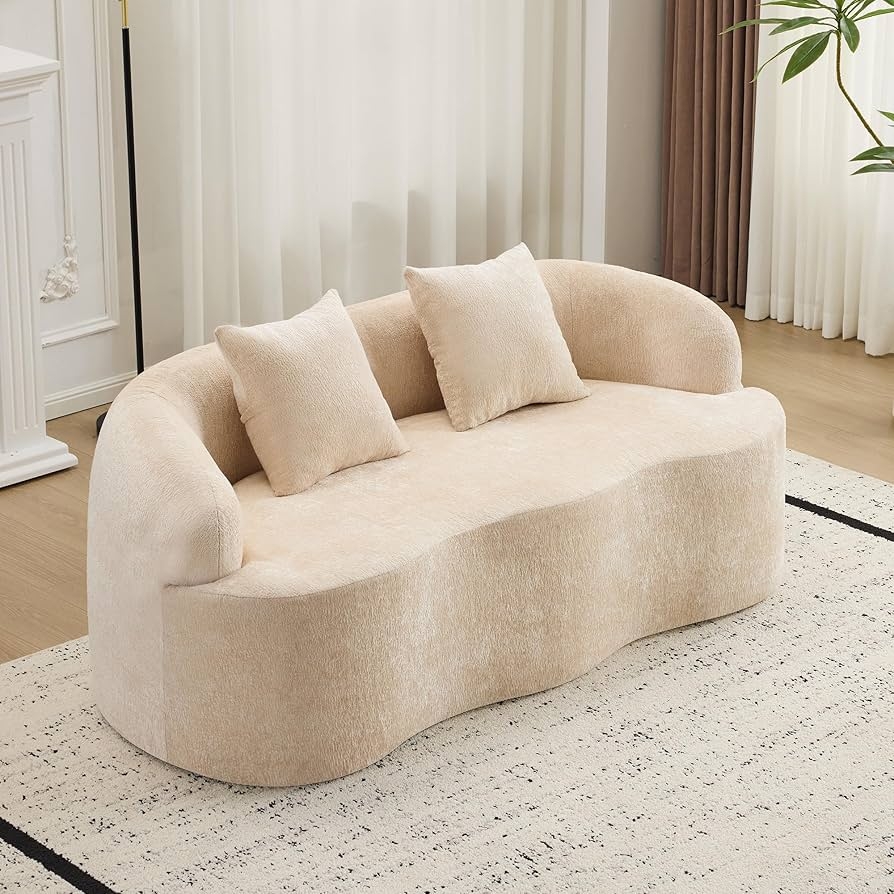 Curved Loveseat with Wave Base and Beige Teddy Fabric