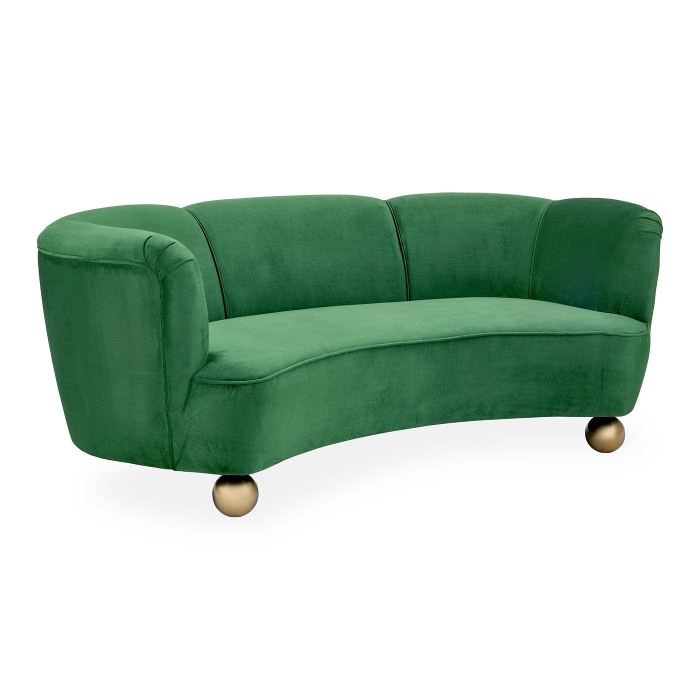 Curved Sofa featuring Gold Sphere Legs in Malachite Green