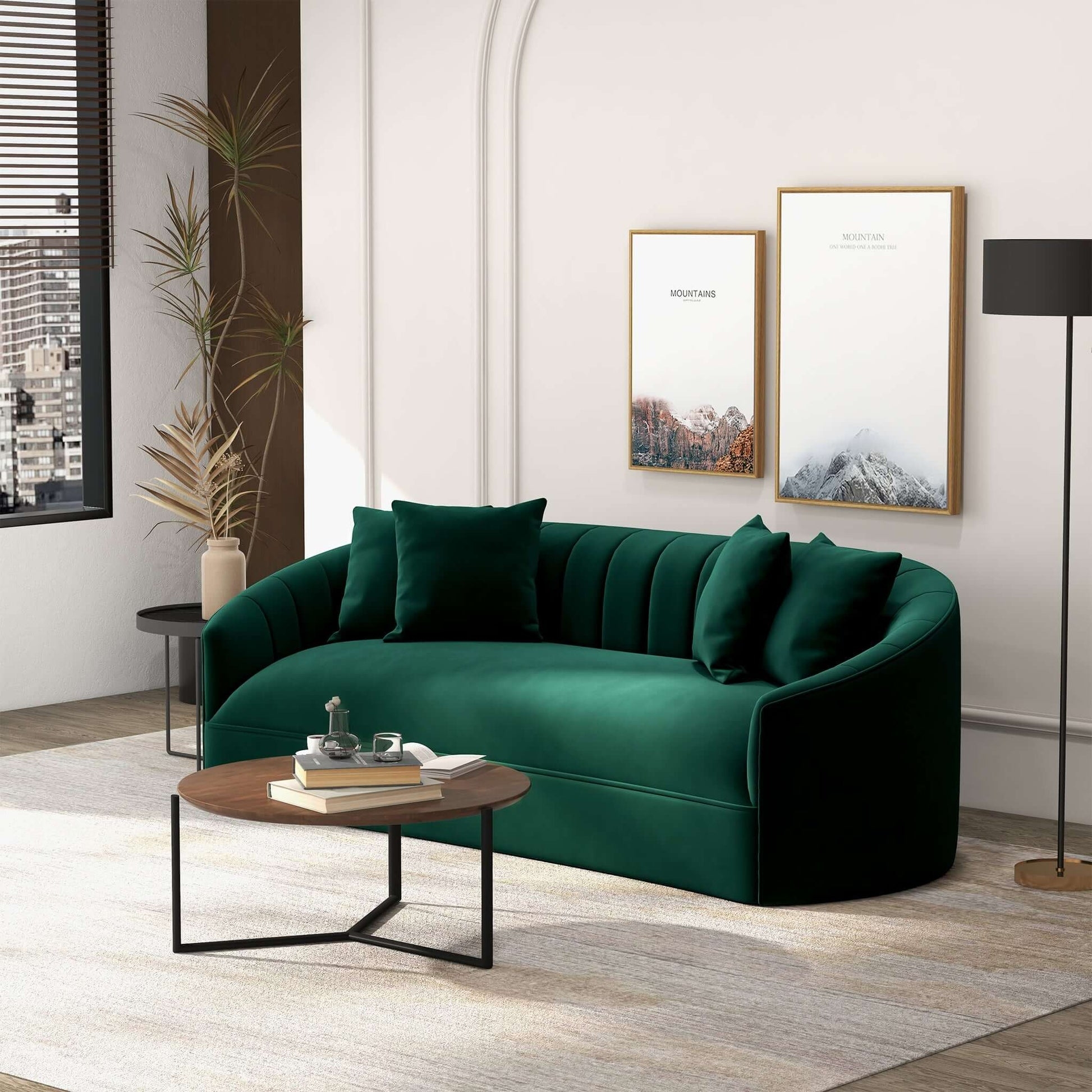 Curved Sofa: Forest Green Velvet with Vertical Channel Tufting