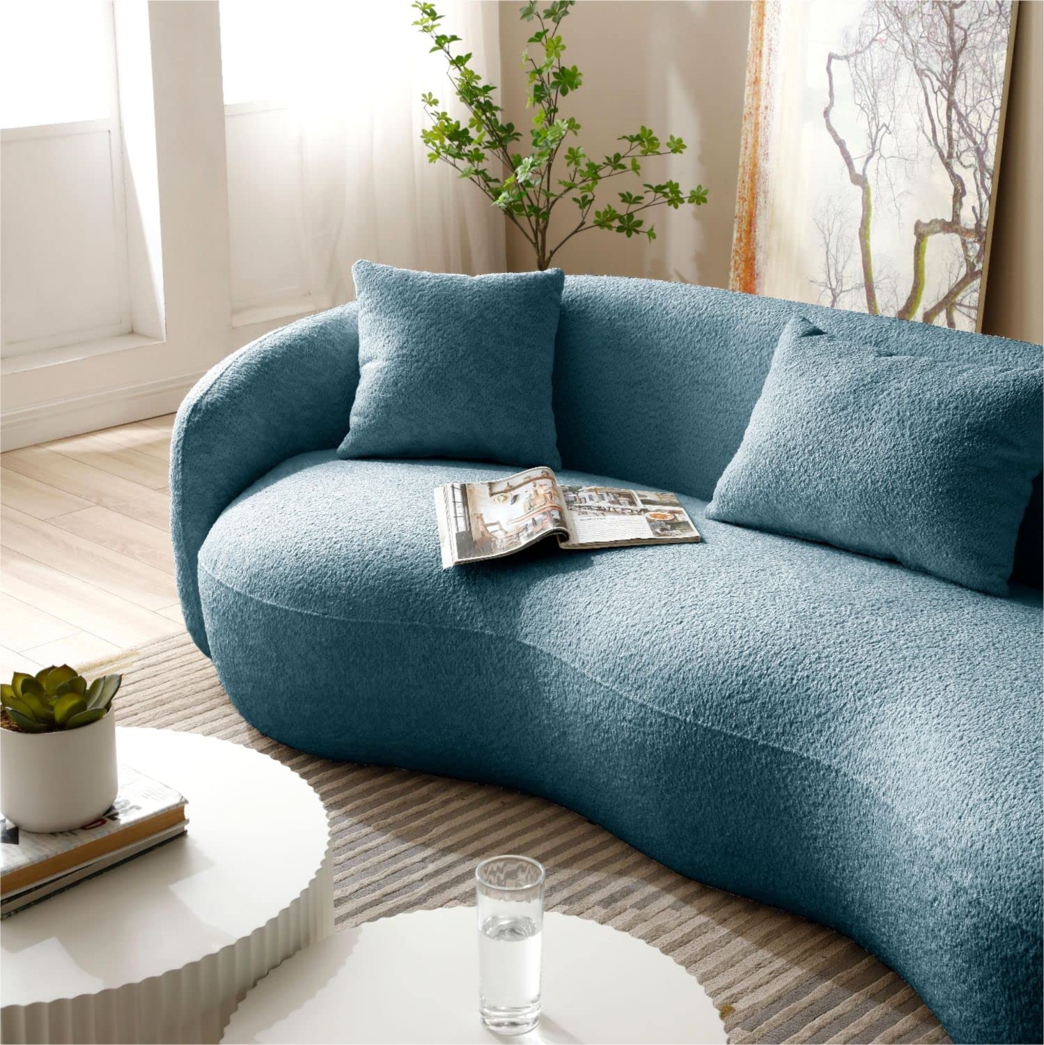 Curved Sofa in Muted Teal Blue with Kidney Shaped Seat