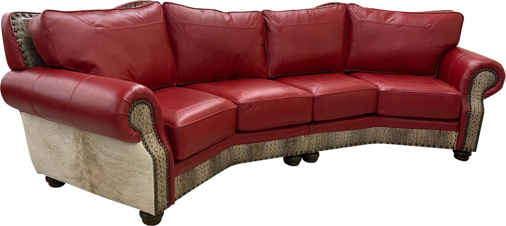 Curved Sofa with Mixed Leather Textures and Lipstick Red Upholstery