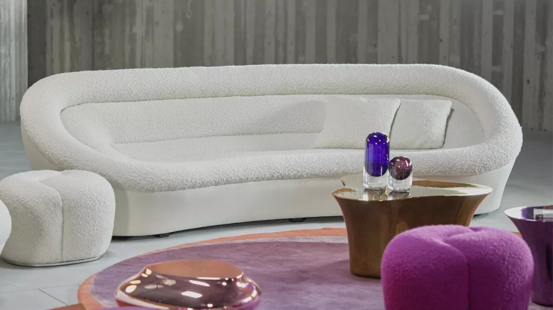 Curved Sofa with Multi Tier Back and White Boucle Texture