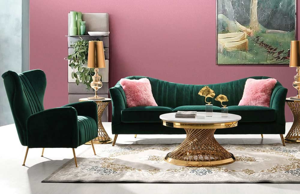 Curved Sofa with Scalloped Channel Tufting and Gold Base