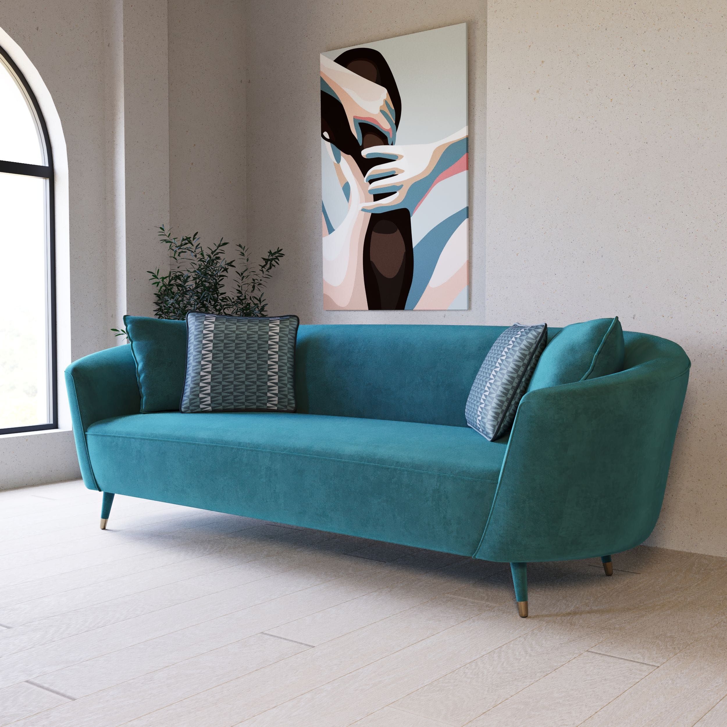 Curved Velvet Sofa Metallic Caps Elegant Living Room Centerpiece