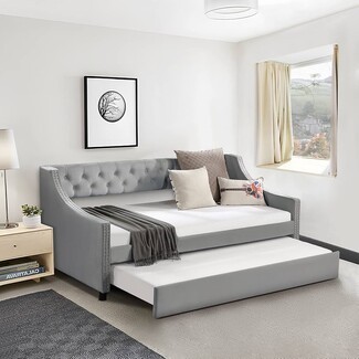 Daybed with Button Tufted Back and Soft Grey Velvet