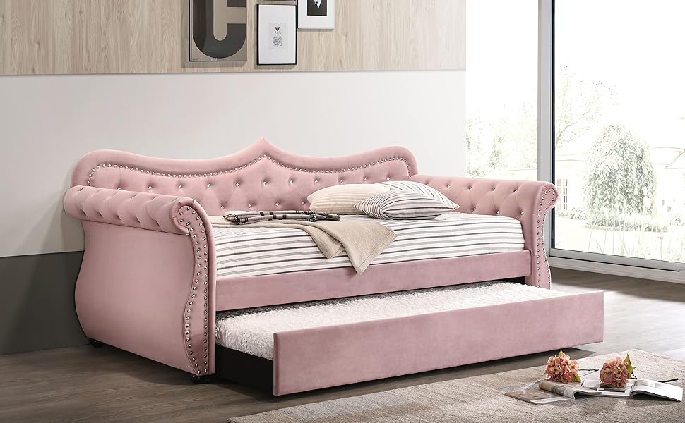 Daybed with Crystal Tufted Backrest in Pink Velvet
