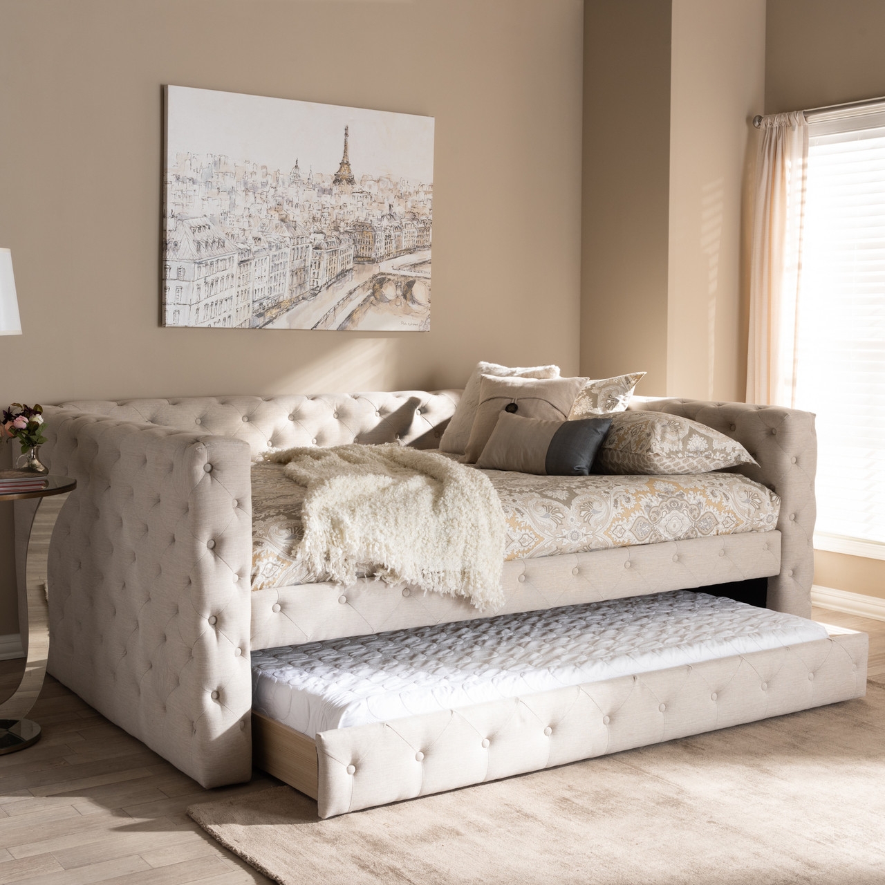 Daybed with Oatmeal Fabric and Deep Button Tufting