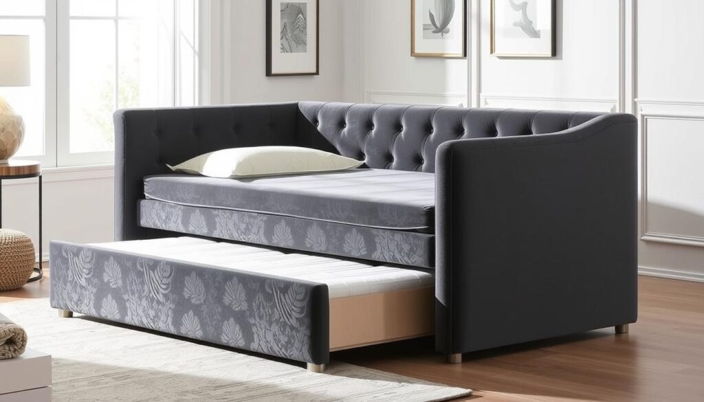 Daybed with Organic Leaf Pattern and Charcoal Fabric