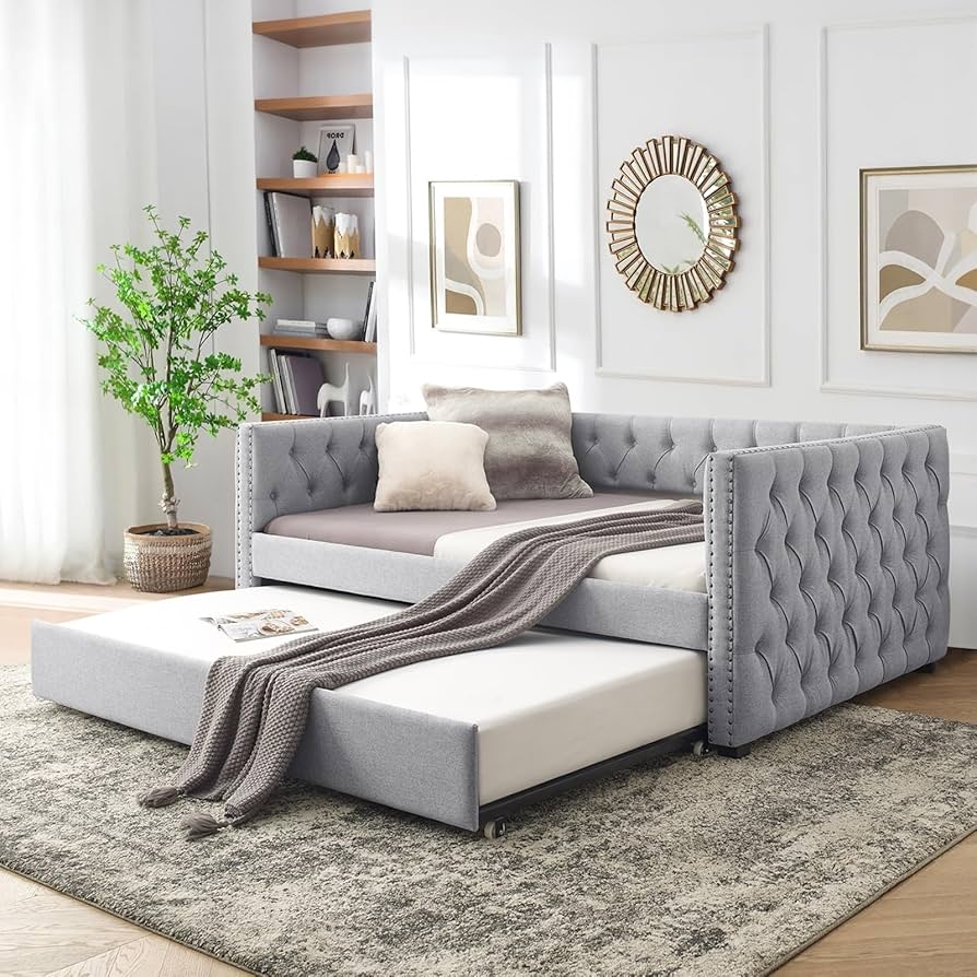 Daybed with Roll Out Trundle and Silver Nailhead Trim