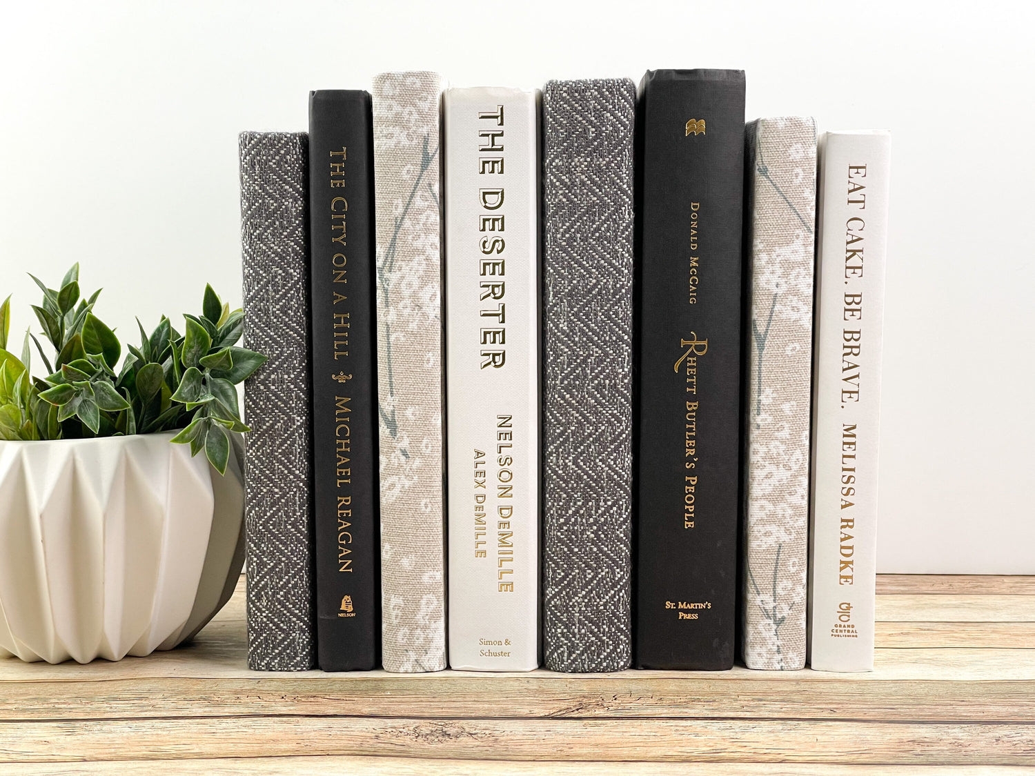 Decorative Books using Fabric Wrapped Spines and Neutral Color Story