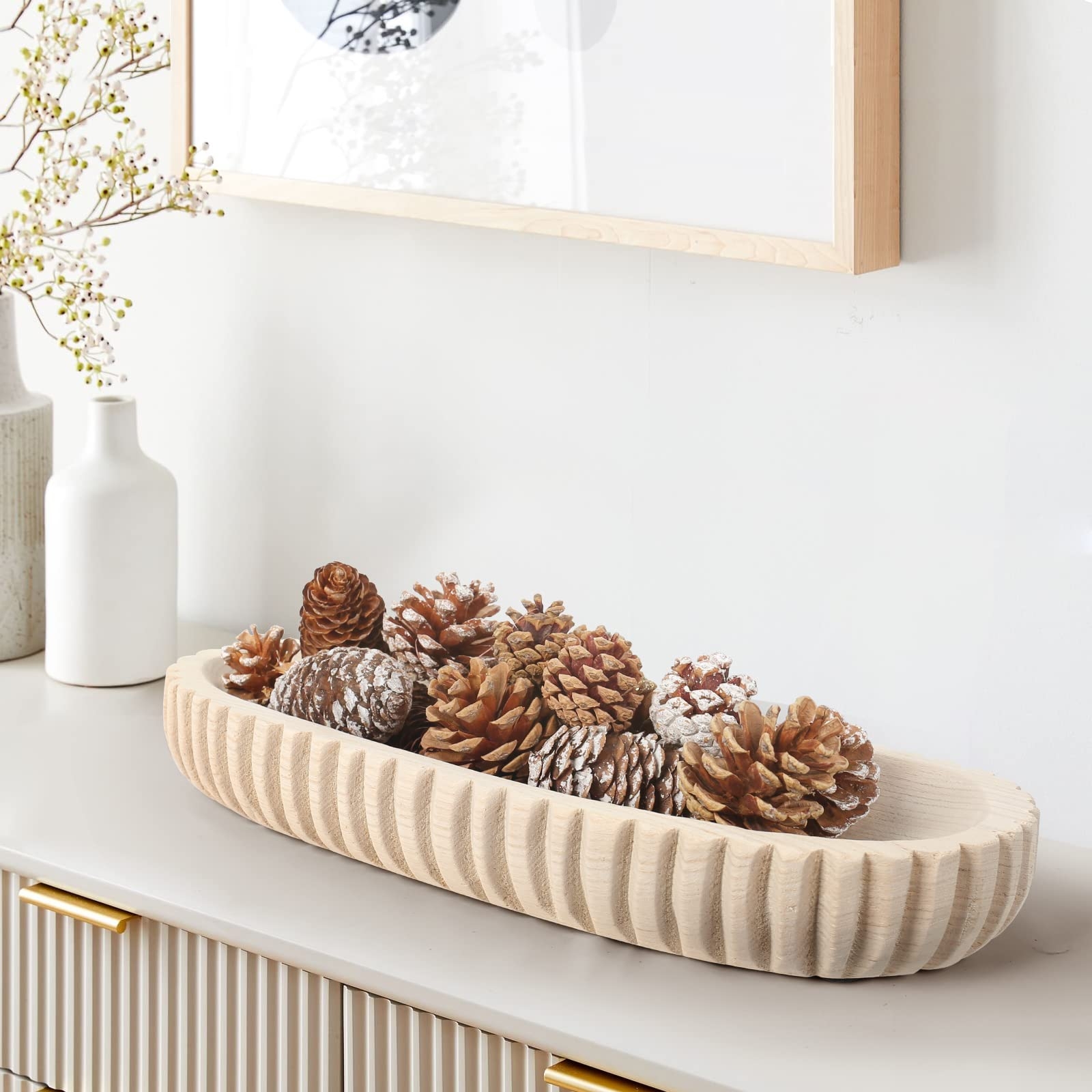 Decorative Bowl Featuring Vertical Carved Stripes and Fluted Exterior