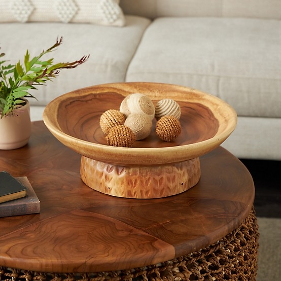 Decorative Bowl with Carved Pedestal Base in Variated Teak Wood
