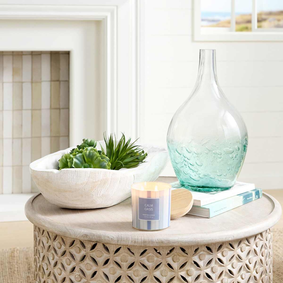 Decorative Bowl with Organic Boat Shape and Whitewashed Grain