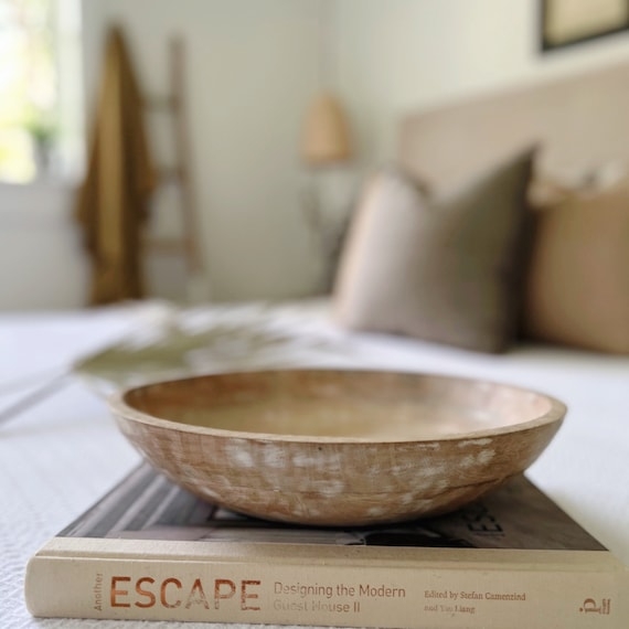Decorative Bowl with Whitewashed Exterior and Low Shallow Rim