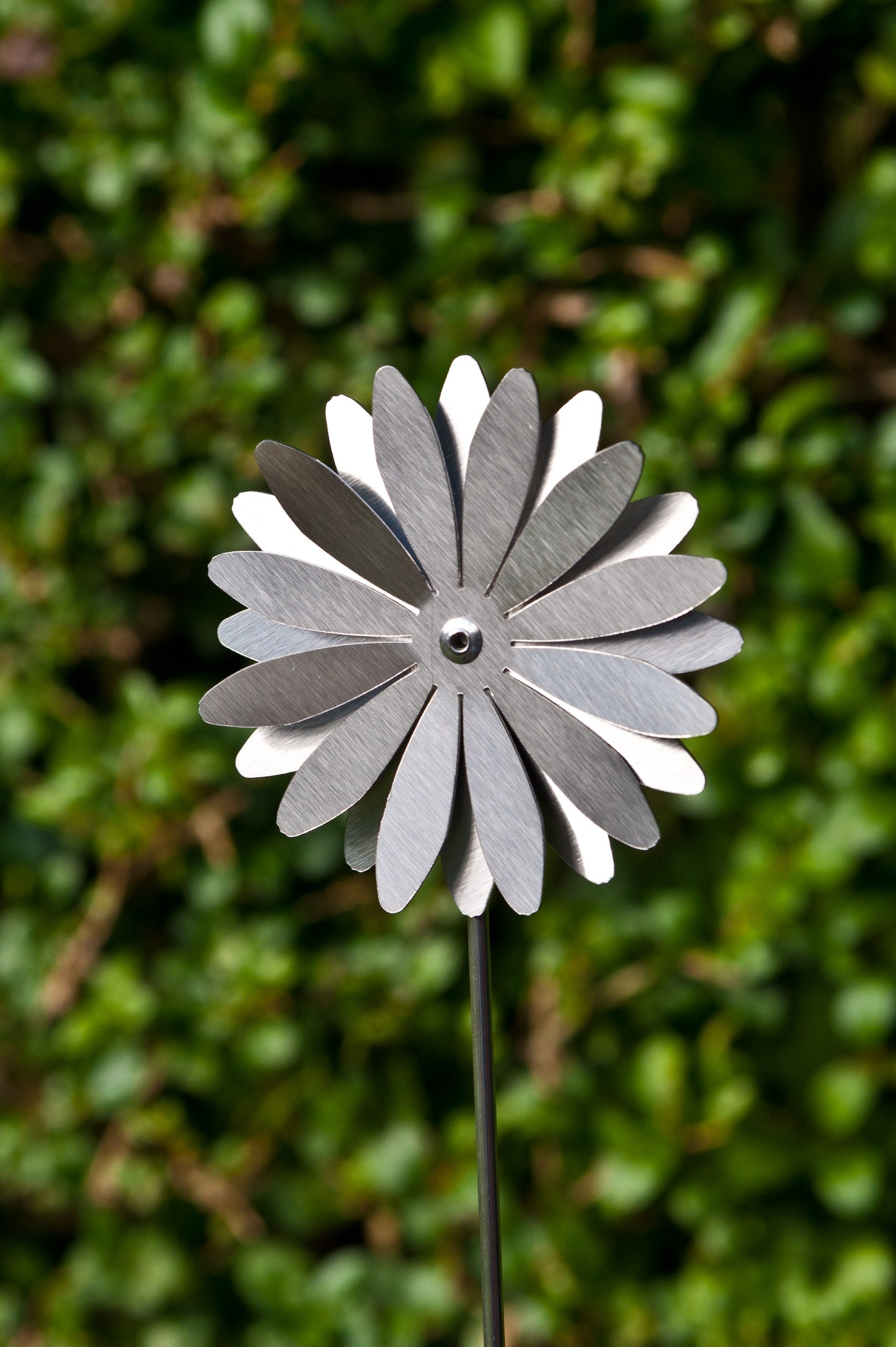 Decorative Flower Stake: Multi Layered Petals Brushed Steel Daisy