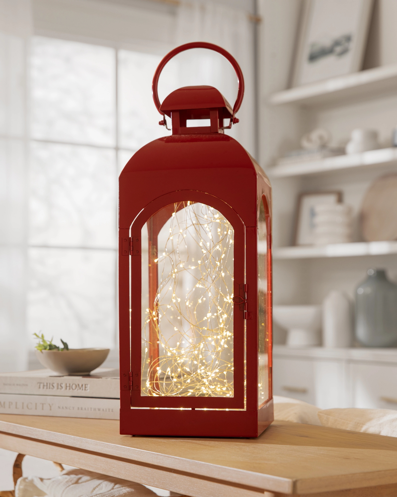 Decorative Lantern: Cherry Red Frame and Arched Holiday Glow Accent