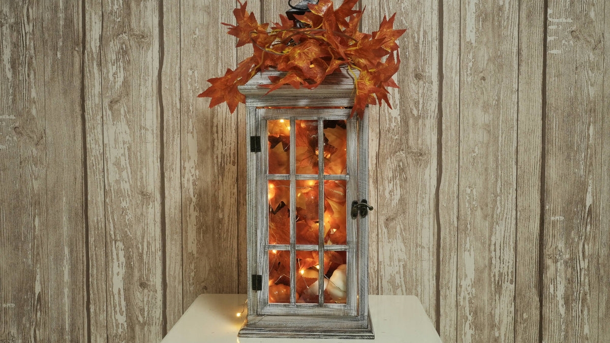 Decorative Lantern: Distressed Whitewash with Autumnal Foliage Fill