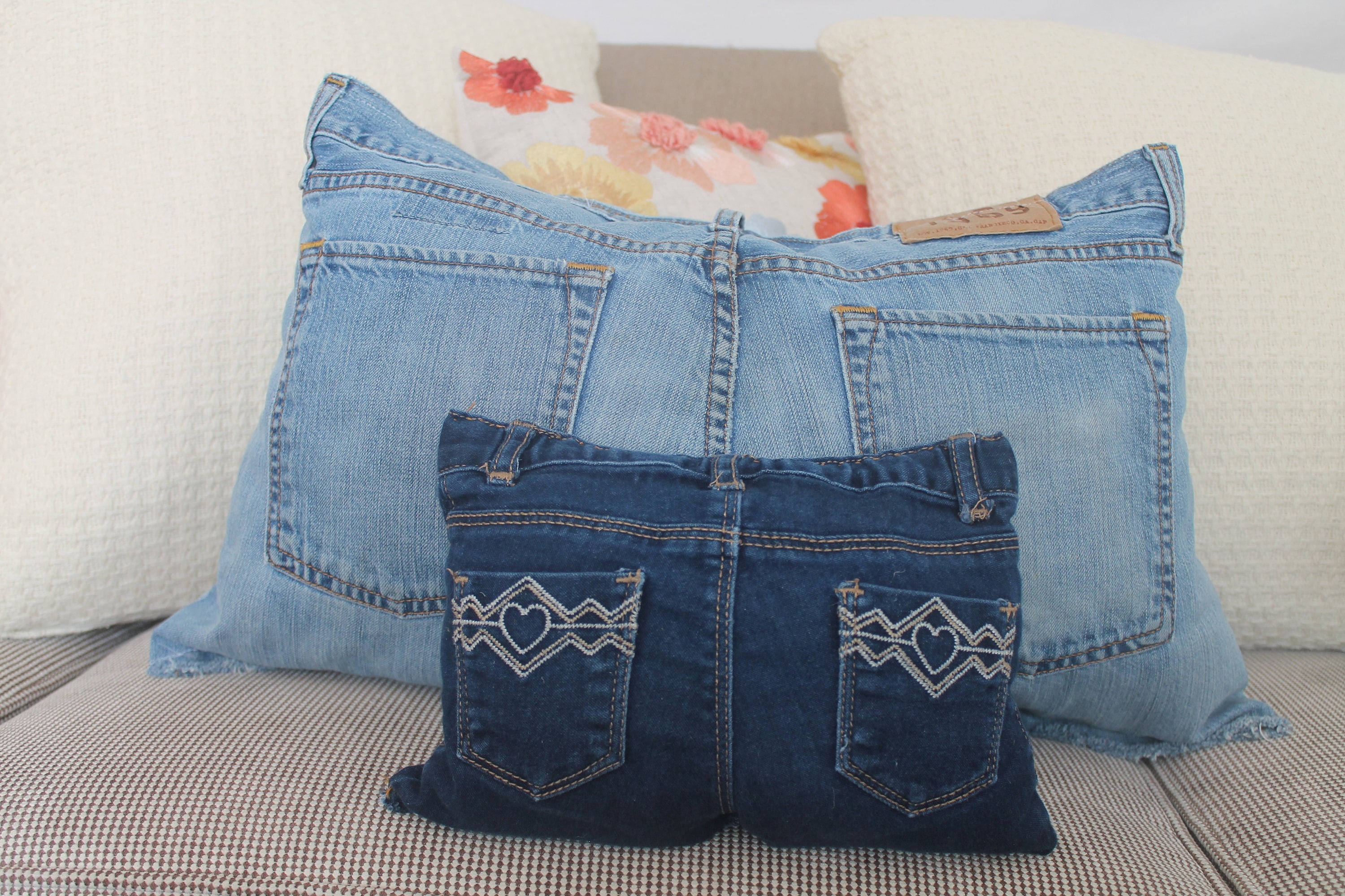 Decorative Pillow with heart embroidery upcycled denim pillow