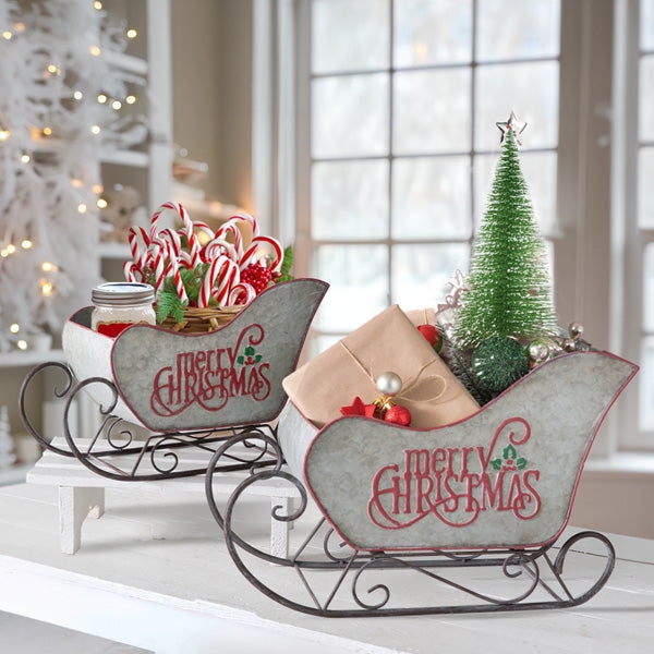 Decorative Sleigh: Embossed Typography Galvanized Metal Set
