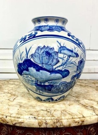 Decorative Vase with Lotus Flower Motif and Bulbous Body