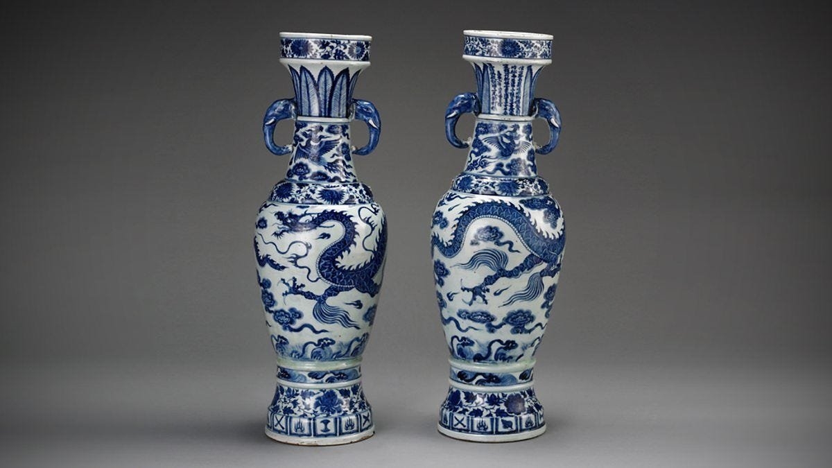 Decorative Vases with Elephant Handles and Dragon Motif