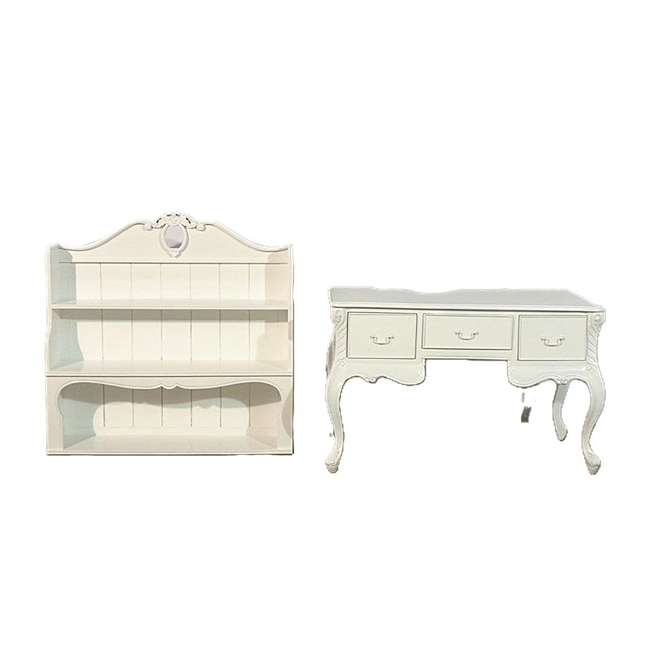 Desk and Bookcase: Antique White Set with Carved Crest