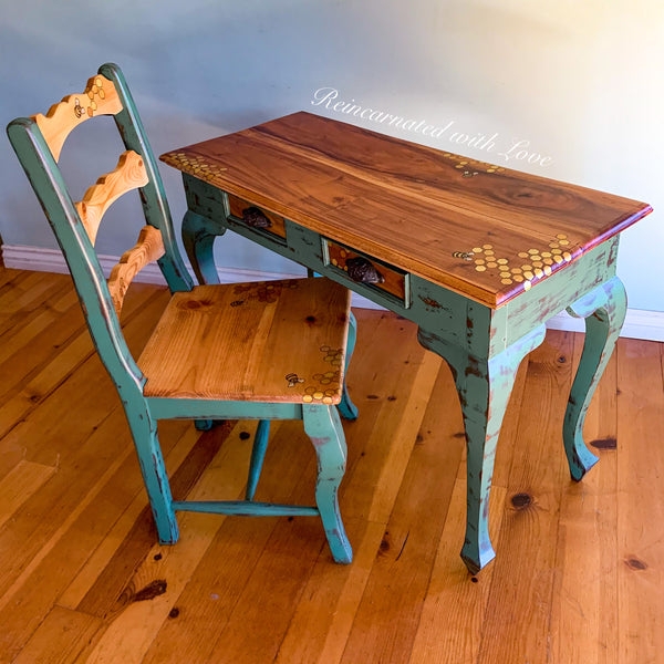 Desk Set with Distressed Teal Paint and Honeycomb Motif