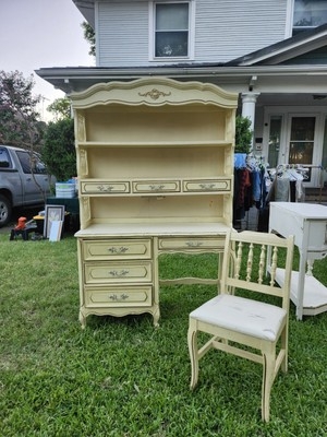 Desk with Hutch: Ornate Crown Molding and Cream Desk Set