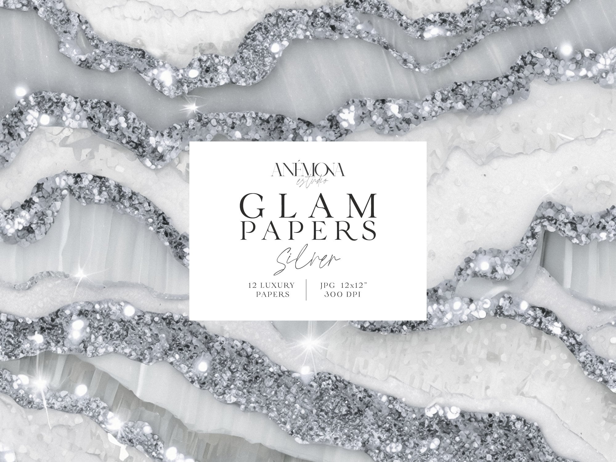 Digital Paper Silver Glitter Geode Pattern Texture