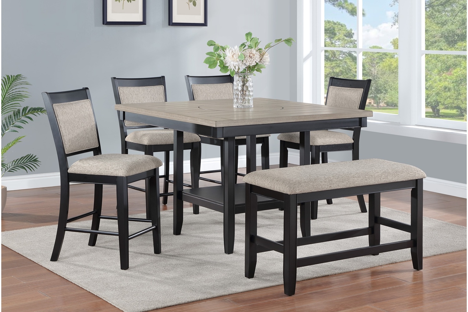 Dining Bench Counter Height Matte Black Frame Light Gray